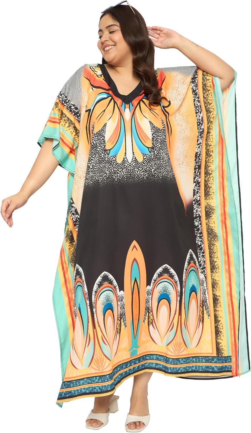 imageCaftans for Women Plus Size Polyester Maxi Beach Dresses Bathing Suit Cover Up Long Kaftan Swimsuit Coverup House DressMulti Plants