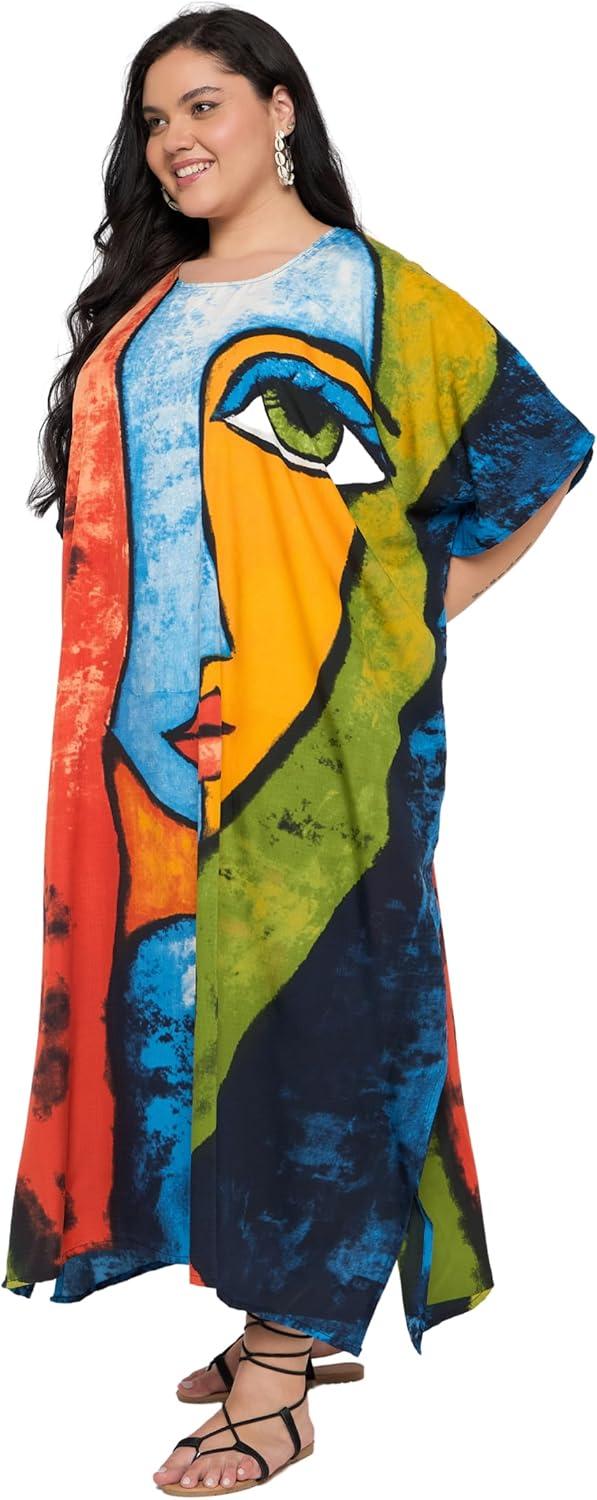 imageCaftans for Women Plus Size Polyester Maxi Beach Dresses Bathing Suit Cover Up Long Kaftan Swimsuit Coverup House DressNavy Blue