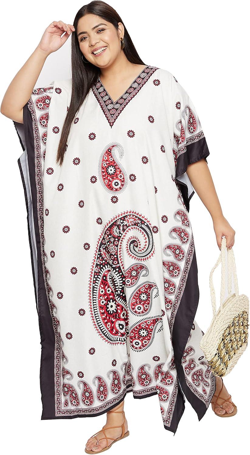 imageCaftans for Women Plus Size Polyester Maxi Beach Dresses Bathing Suit Cover Up Long Kaftan Swimsuit Coverup House DressOffwhite Paisley