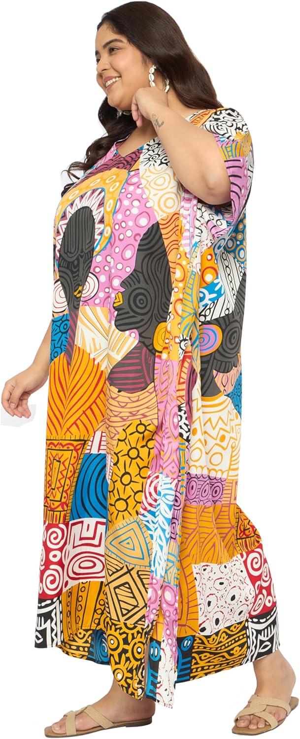 imageCaftans for Women Plus Size Polyester Maxi Beach Dresses Bathing Suit Cover Up Long Kaftan Swimsuit Coverup House DressOrange  Pink