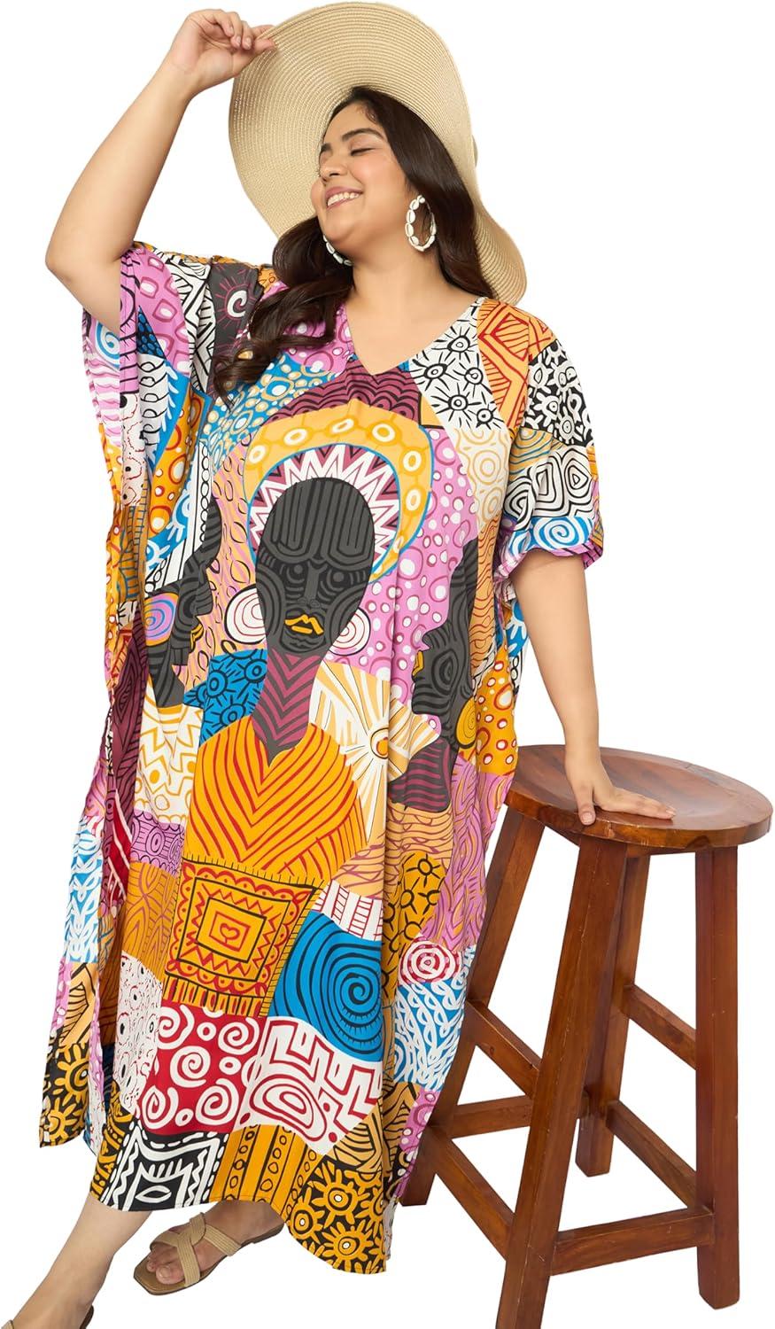 imageCaftans for Women Plus Size Polyester Maxi Beach Dresses Bathing Suit Cover Up Long Kaftan Swimsuit Coverup House DressOrange  Pink
