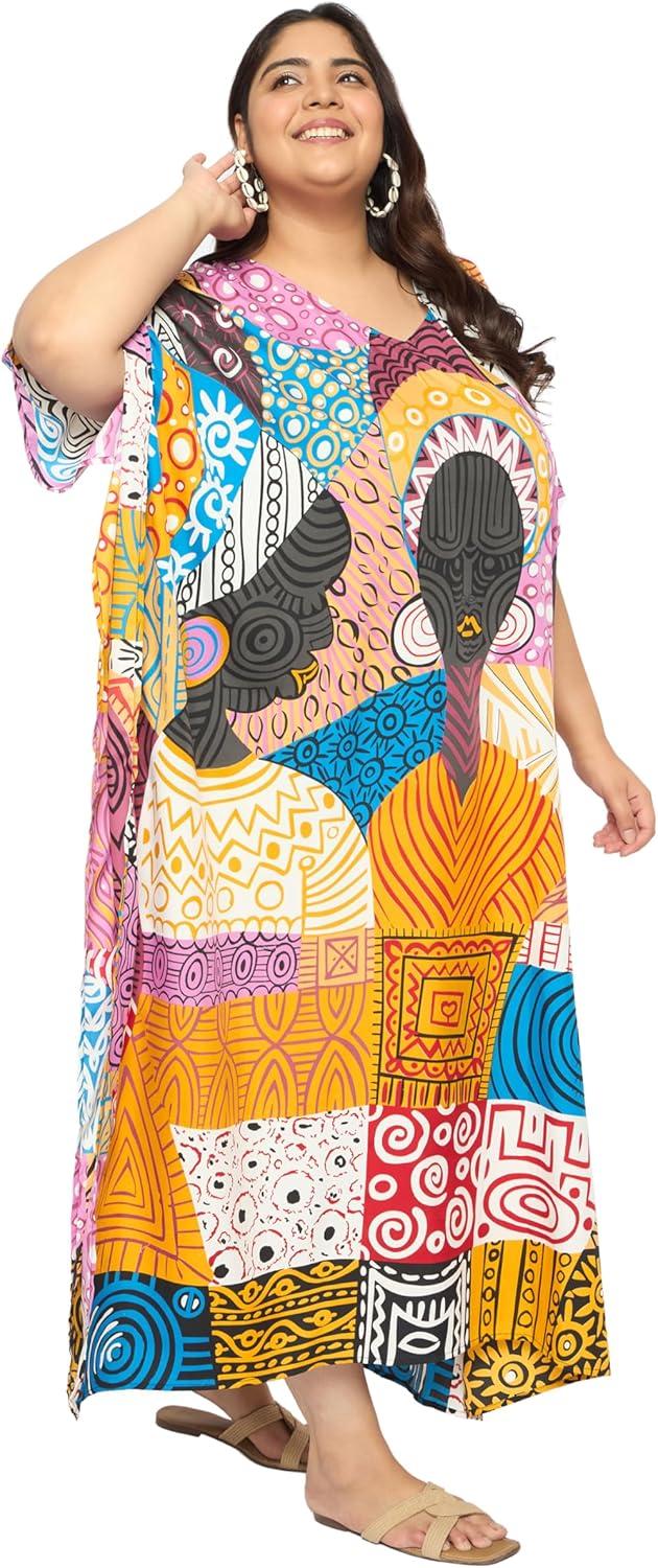 imageCaftans for Women Plus Size Polyester Maxi Beach Dresses Bathing Suit Cover Up Long Kaftan Swimsuit Coverup House DressOrange  Pink