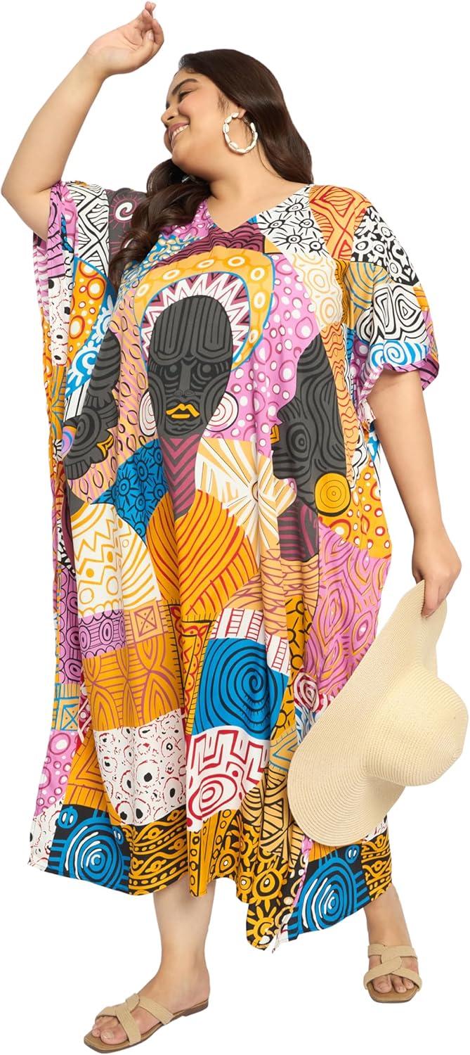 imageCaftans for Women Plus Size Polyester Maxi Beach Dresses Bathing Suit Cover Up Long Kaftan Swimsuit Coverup House DressOrange  Pink