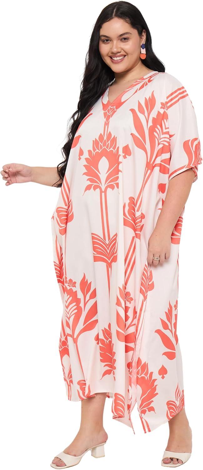 imageCaftans for Women Plus Size Polyester Maxi Beach Dresses Bathing Suit Cover Up Long Kaftan Swimsuit Coverup House DressOrange  White