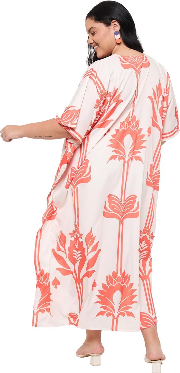 imageCaftans for Women Plus Size Polyester Maxi Beach Dresses Bathing Suit Cover Up Long Kaftan Swimsuit Coverup House DressOrange  White
