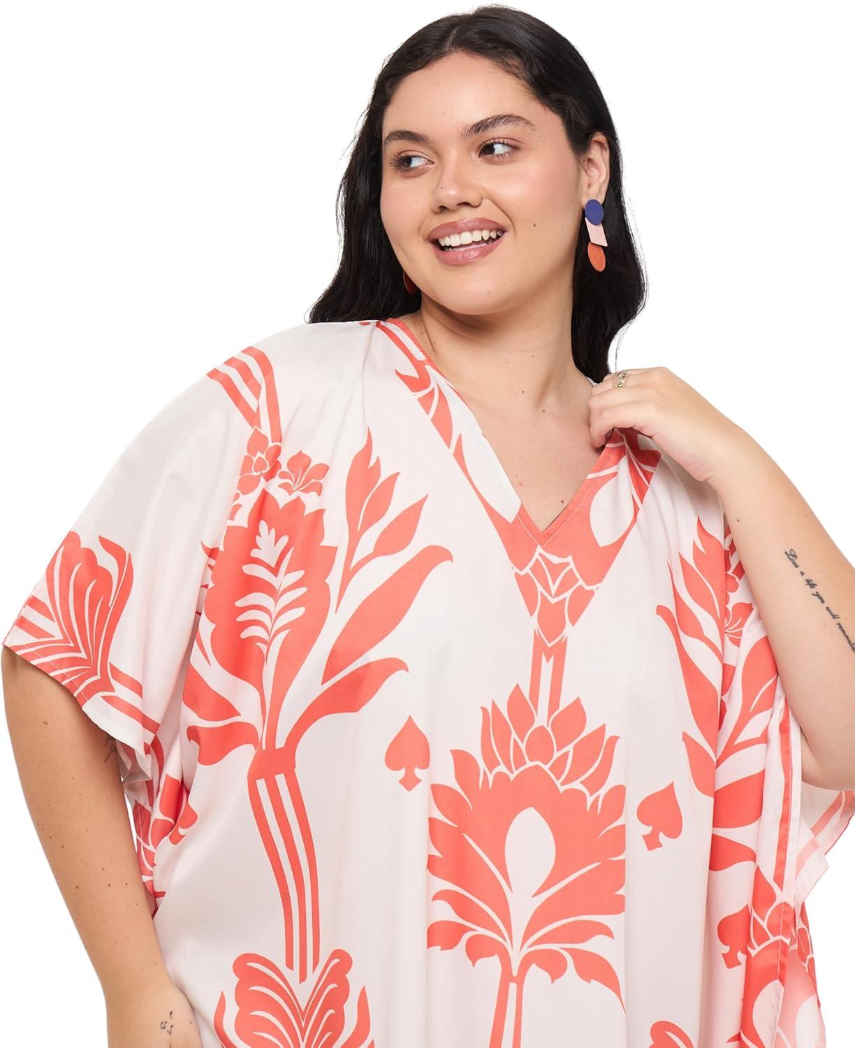 imageCaftans for Women Plus Size Polyester Maxi Beach Dresses Bathing Suit Cover Up Long Kaftan Swimsuit Coverup House DressOrange  White