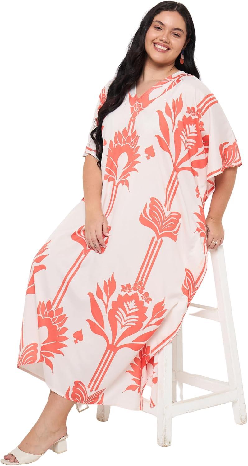 imageCaftans for Women Plus Size Polyester Maxi Beach Dresses Bathing Suit Cover Up Long Kaftan Swimsuit Coverup House DressOrange  White