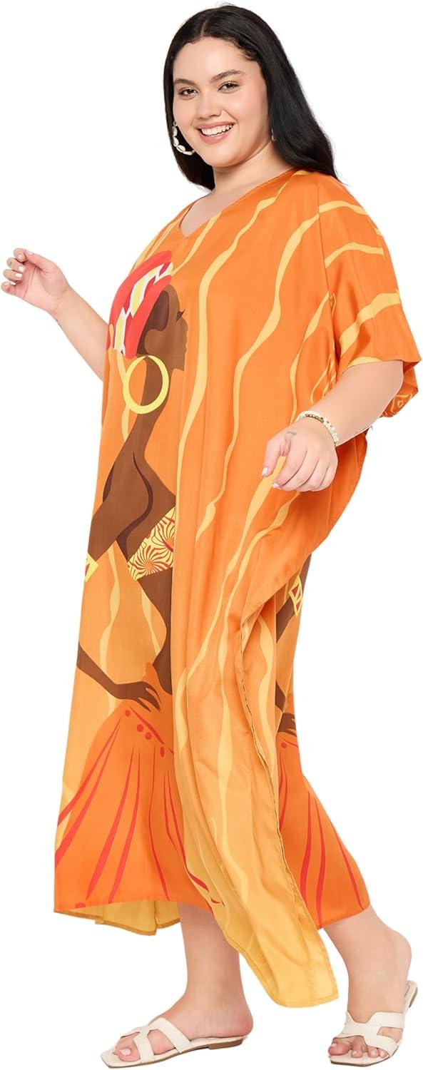 imageCaftans for Women Plus Size Polyester Maxi Beach Dresses Bathing Suit Cover Up Long Kaftan Swimsuit Coverup House DressOrange