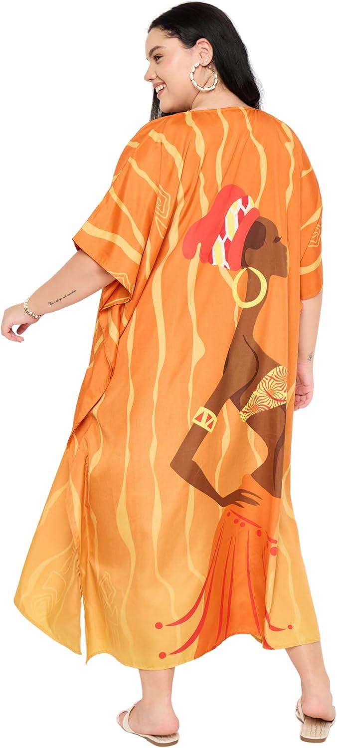 imageCaftans for Women Plus Size Polyester Maxi Beach Dresses Bathing Suit Cover Up Long Kaftan Swimsuit Coverup House DressOrange