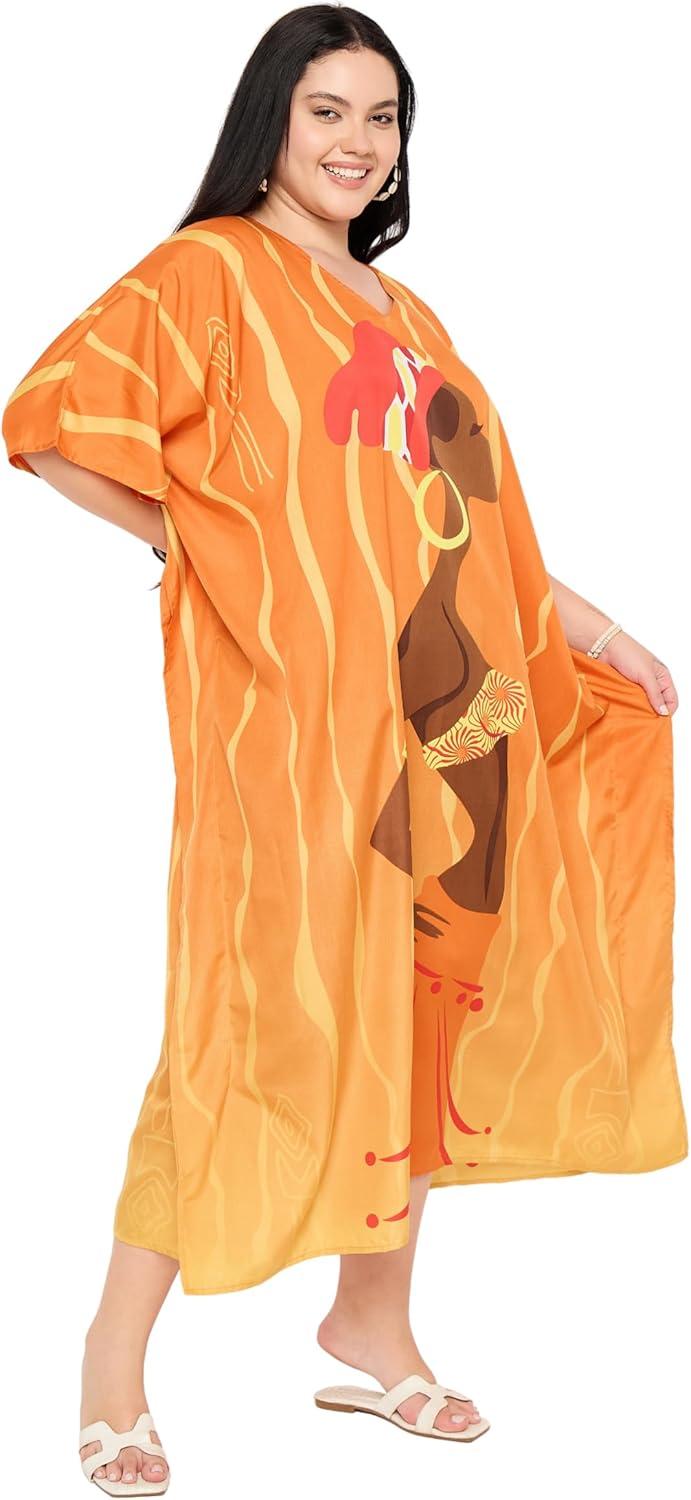 imageCaftans for Women Plus Size Polyester Maxi Beach Dresses Bathing Suit Cover Up Long Kaftan Swimsuit Coverup House DressOrange