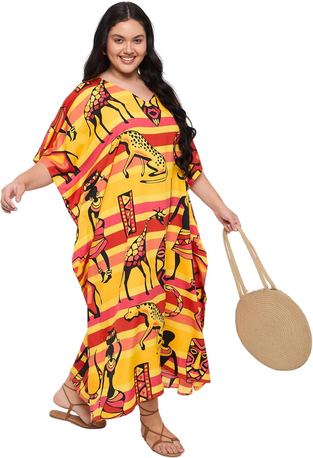 imageCaftans for Women Plus Size Polyester Maxi Beach Dresses Bathing Suit Cover Up Long Kaftan Swimsuit Coverup House DressOrangeyellow