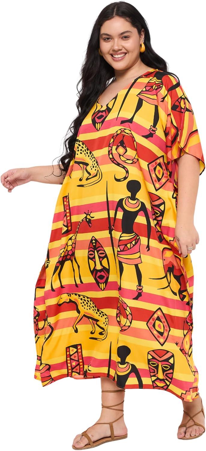 imageCaftans for Women Plus Size Polyester Maxi Beach Dresses Bathing Suit Cover Up Long Kaftan Swimsuit Coverup House DressOrangeyellow