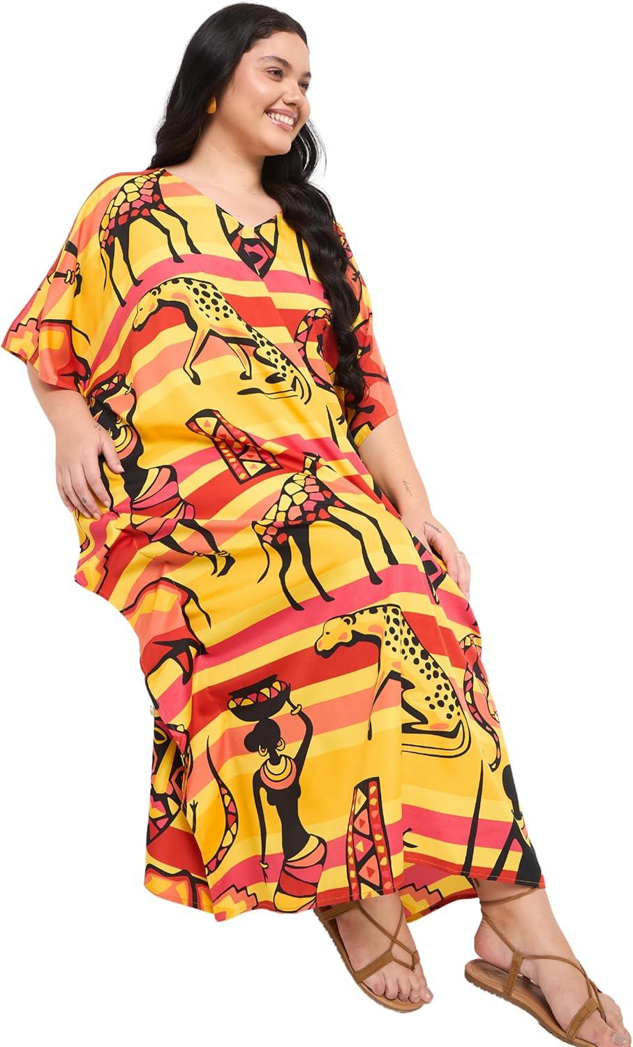 imageCaftans for Women Plus Size Polyester Maxi Beach Dresses Bathing Suit Cover Up Long Kaftan Swimsuit Coverup House DressOrangeyellow