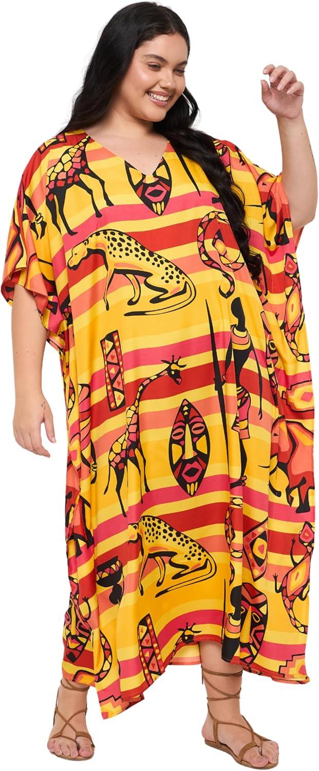 imageCaftans for Women Plus Size Polyester Maxi Beach Dresses Bathing Suit Cover Up Long Kaftan Swimsuit Coverup House DressOrangeyellow