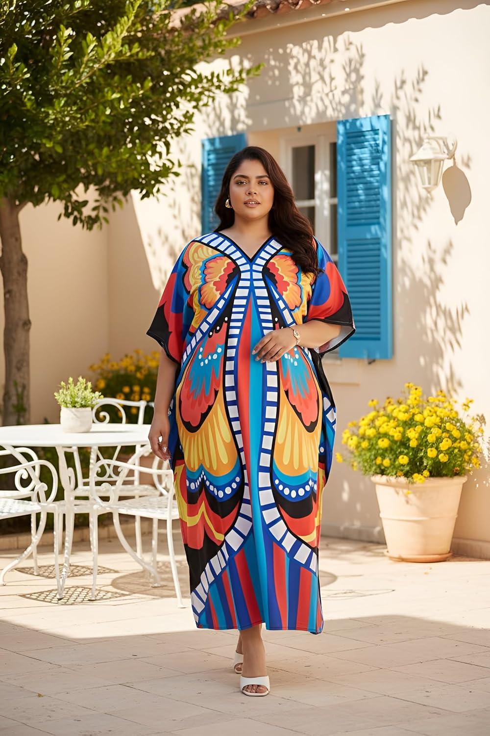 imageCaftans for Women Plus Size Polyester Maxi Beach Dresses Bathing Suit Cover Up Long Kaftan Swimsuit Coverup House DressPeach  Blue