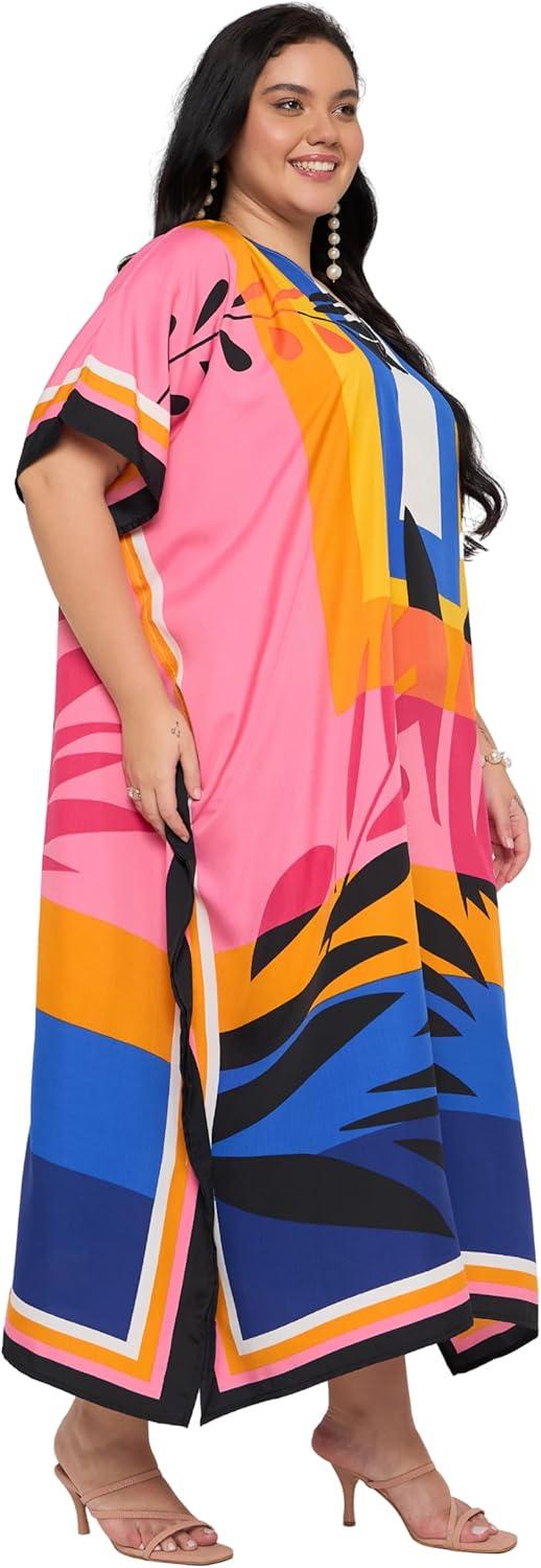 imageCaftans for Women Plus Size Polyester Maxi Beach Dresses Bathing Suit Cover Up Long Kaftan Swimsuit Coverup House DressPink