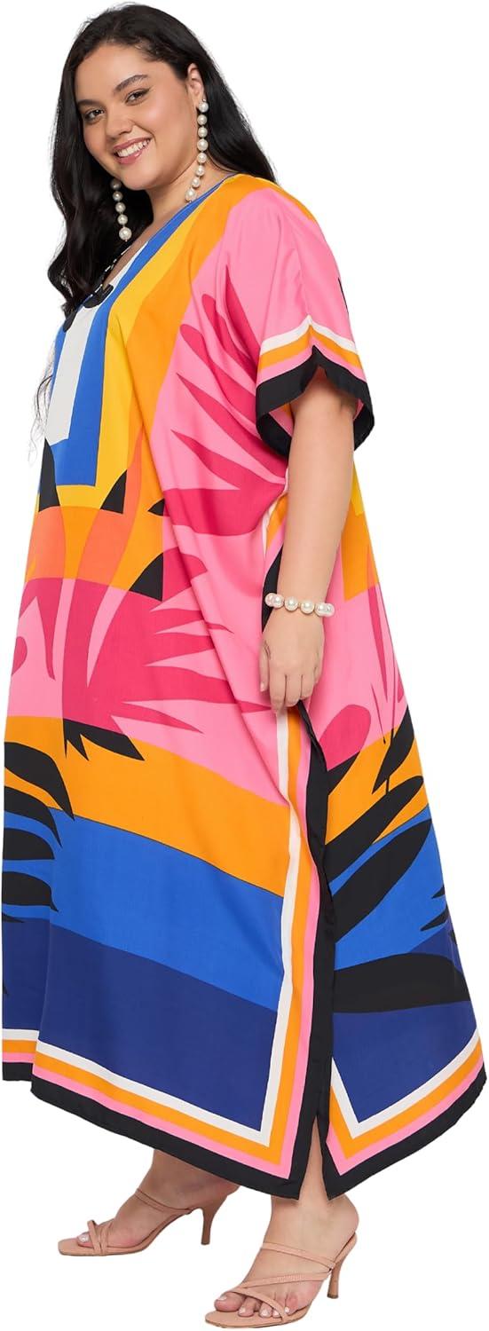 imageCaftans for Women Plus Size Polyester Maxi Beach Dresses Bathing Suit Cover Up Long Kaftan Swimsuit Coverup House DressPink