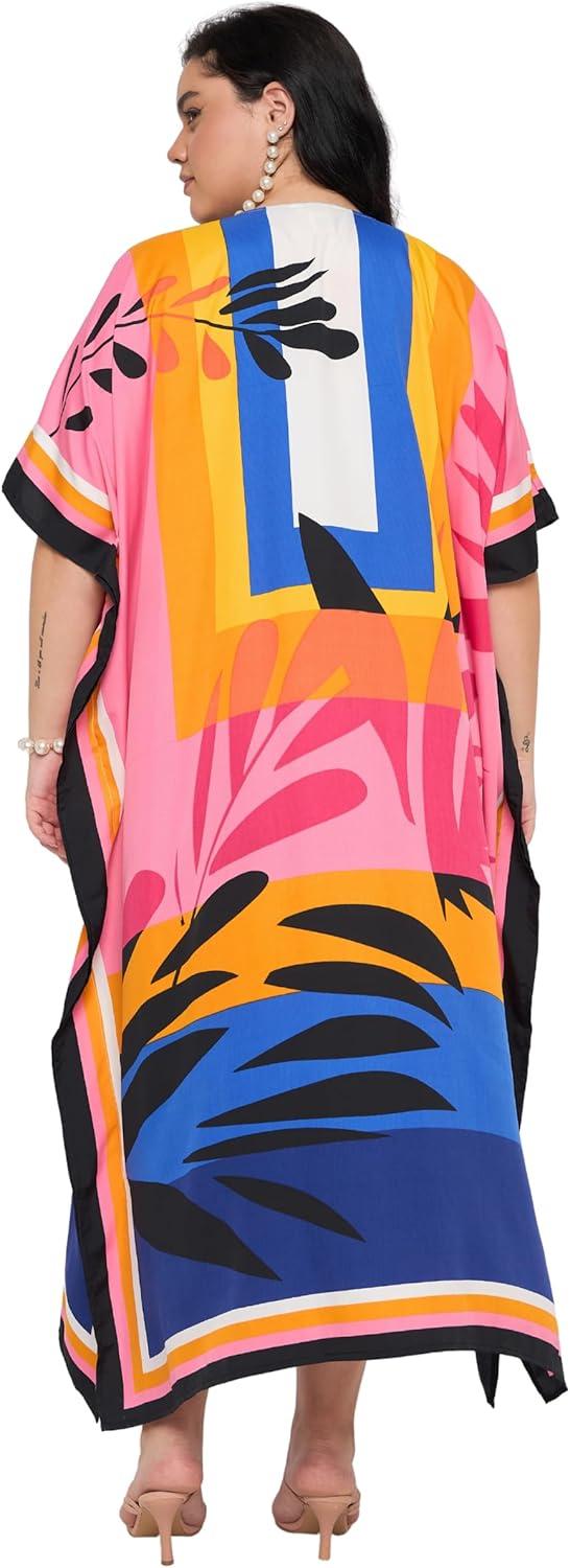 imageCaftans for Women Plus Size Polyester Maxi Beach Dresses Bathing Suit Cover Up Long Kaftan Swimsuit Coverup House DressPink
