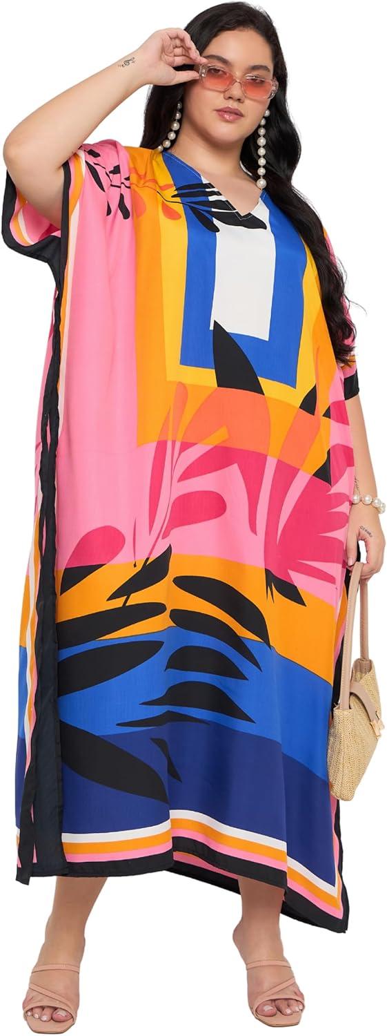 imageCaftans for Women Plus Size Polyester Maxi Beach Dresses Bathing Suit Cover Up Long Kaftan Swimsuit Coverup House DressPink