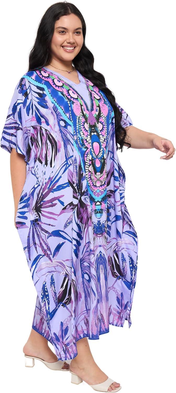 imageCaftans for Women Plus Size Polyester Maxi Beach Dresses Bathing Suit Cover Up Long Kaftan Swimsuit Coverup House DressPurple