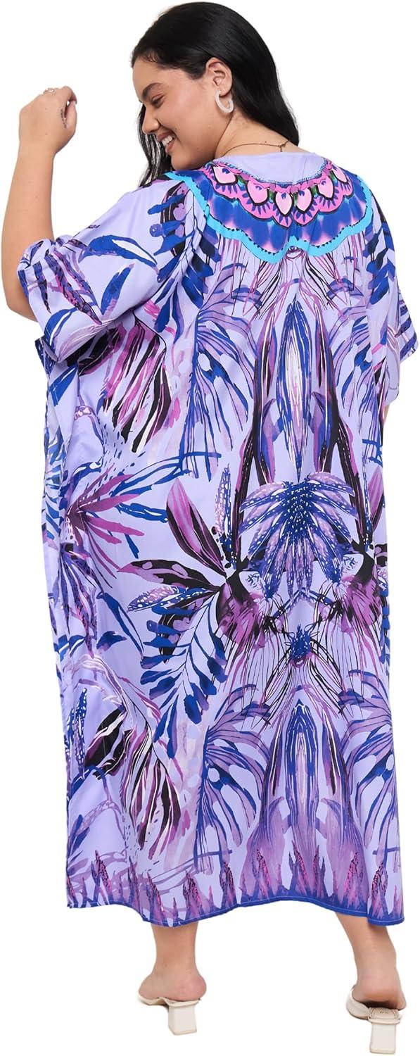 imageCaftans for Women Plus Size Polyester Maxi Beach Dresses Bathing Suit Cover Up Long Kaftan Swimsuit Coverup House DressPurple