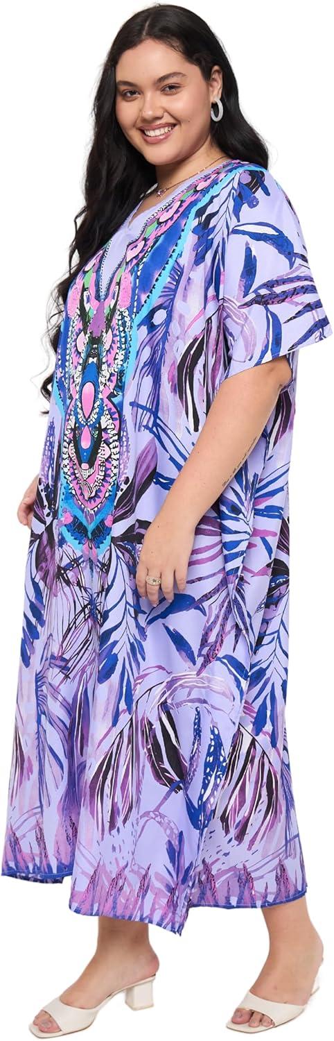 imageCaftans for Women Plus Size Polyester Maxi Beach Dresses Bathing Suit Cover Up Long Kaftan Swimsuit Coverup House DressPurple