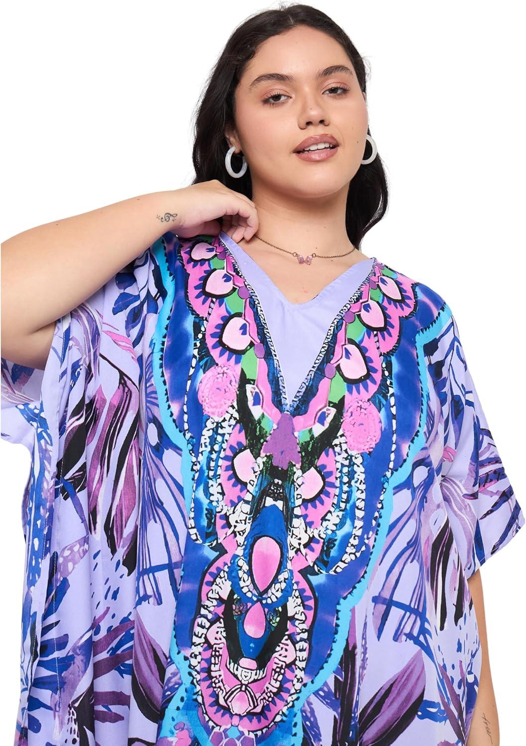 imageCaftans for Women Plus Size Polyester Maxi Beach Dresses Bathing Suit Cover Up Long Kaftan Swimsuit Coverup House DressPurple