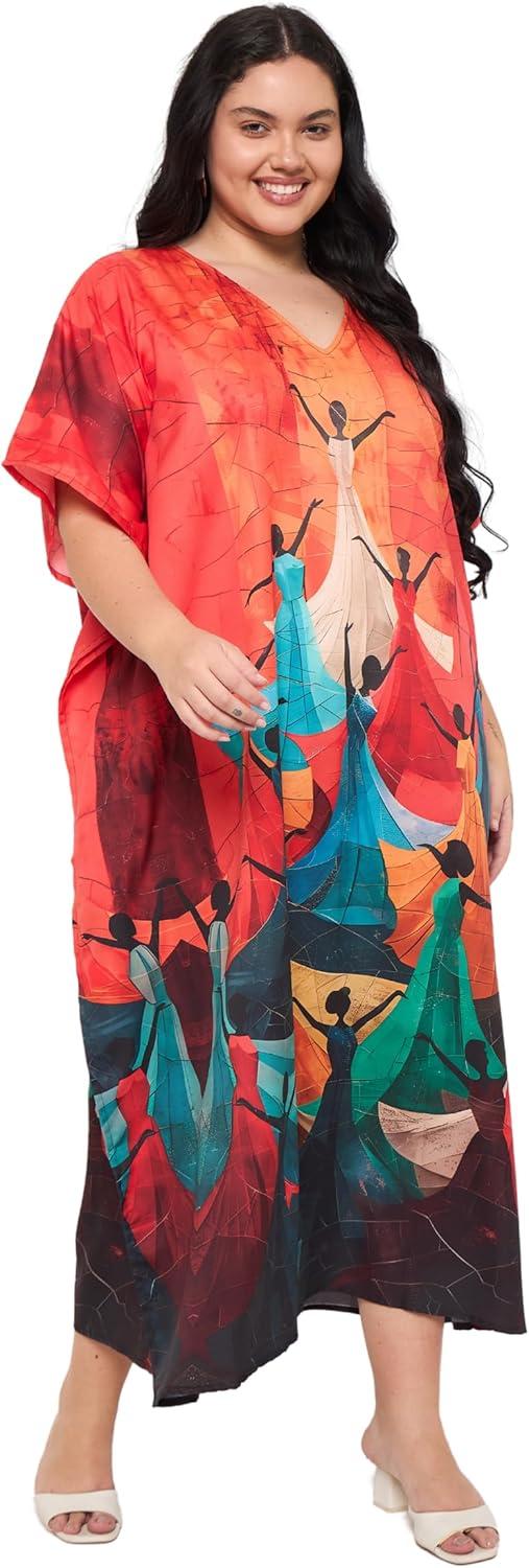 imageCaftans for Women Plus Size Polyester Maxi Beach Dresses Bathing Suit Cover Up Long Kaftan Swimsuit Coverup House DressRed