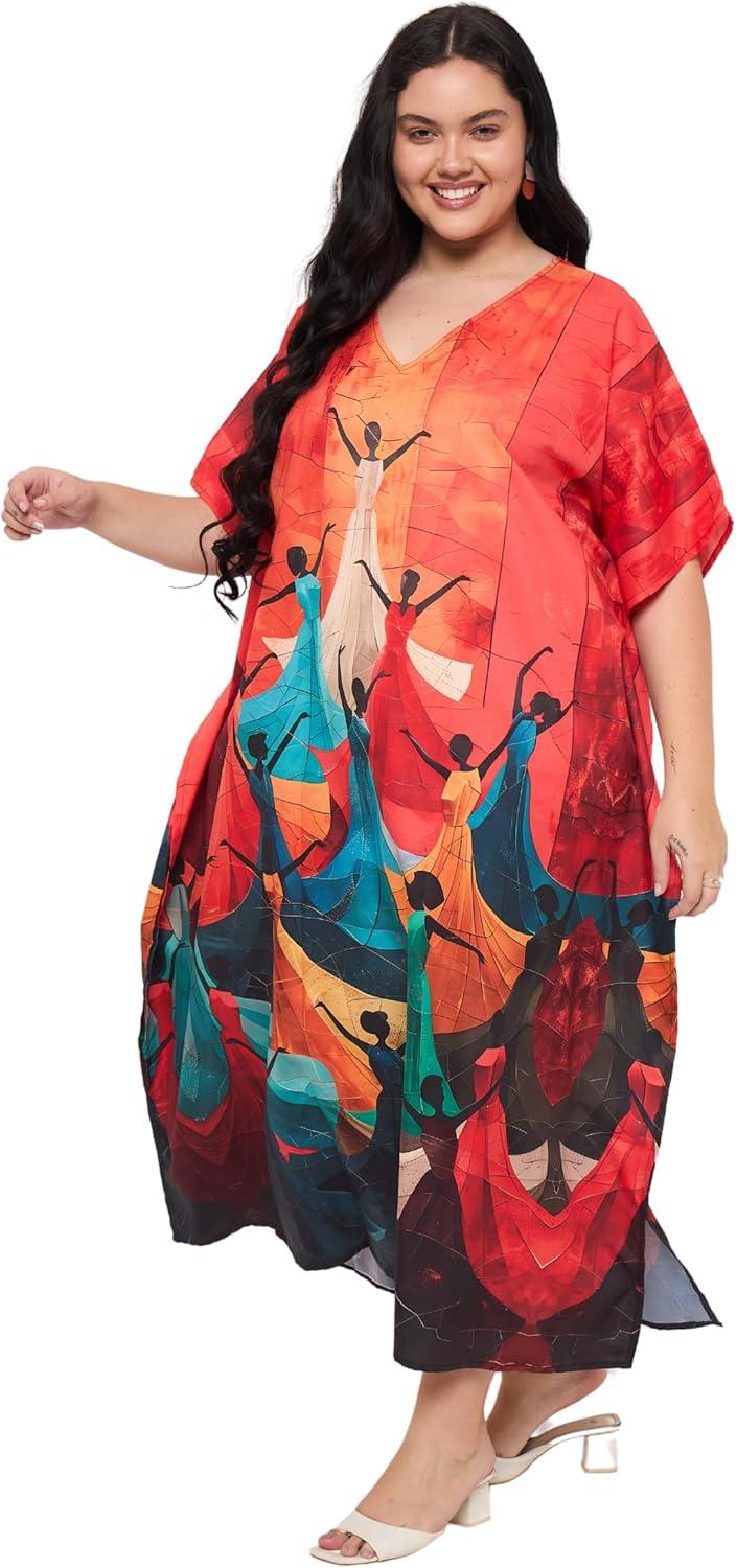 imageCaftans for Women Plus Size Polyester Maxi Beach Dresses Bathing Suit Cover Up Long Kaftan Swimsuit Coverup House DressRed