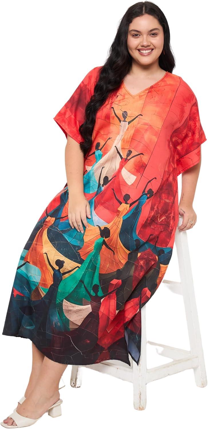 imageCaftans for Women Plus Size Polyester Maxi Beach Dresses Bathing Suit Cover Up Long Kaftan Swimsuit Coverup House DressRed