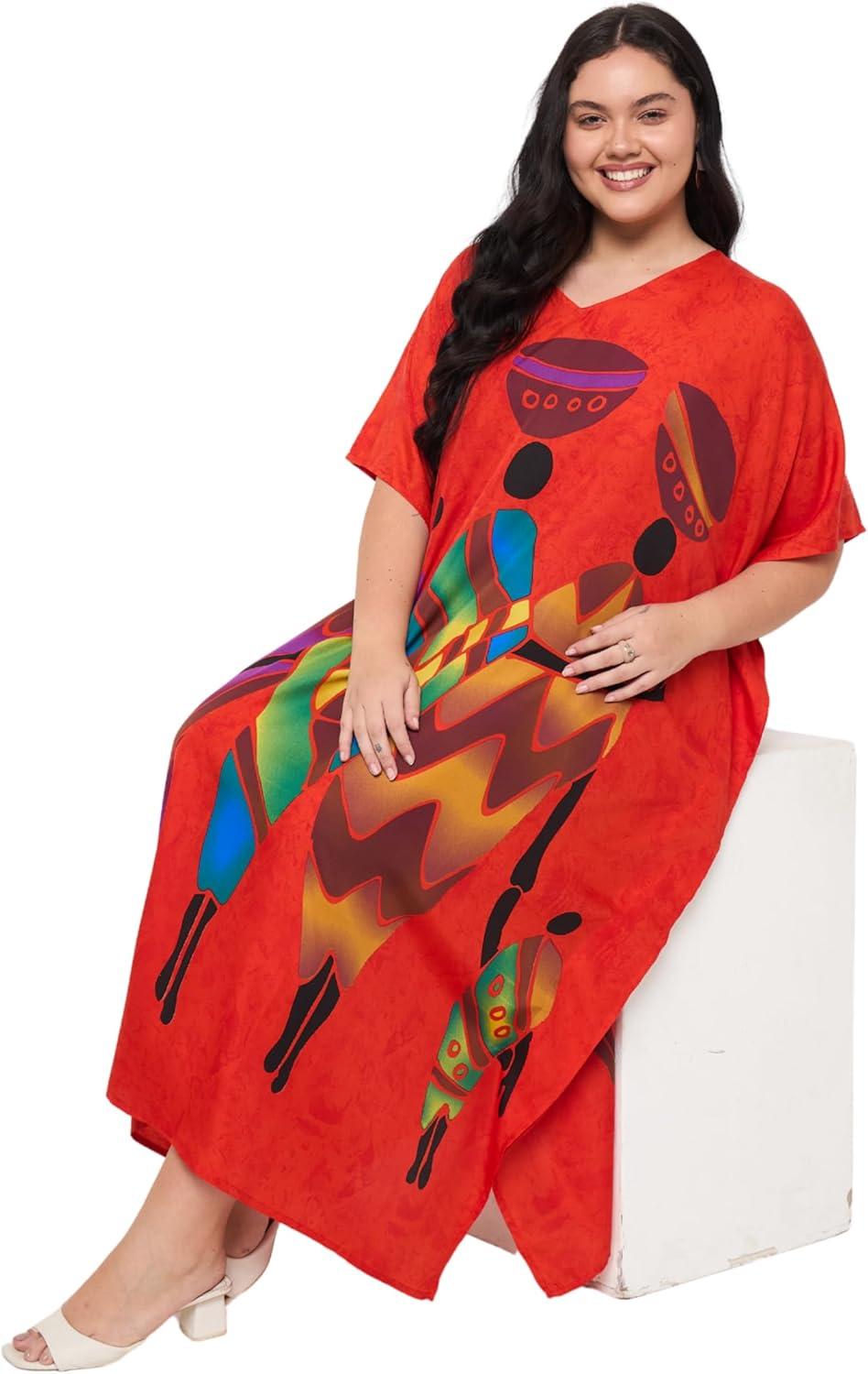 imageCaftans for Women Plus Size Polyester Maxi Beach Dresses Bathing Suit Cover Up Long Kaftan Swimsuit Coverup House DressRed Lady Tribal