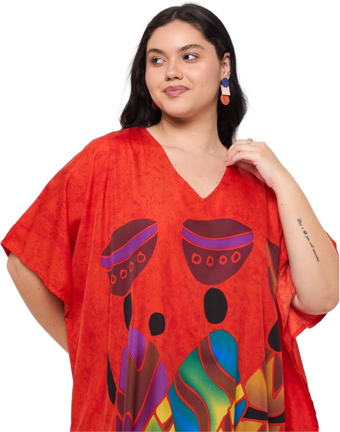 imageCaftans for Women Plus Size Polyester Maxi Beach Dresses Bathing Suit Cover Up Long Kaftan Swimsuit Coverup House DressRed Lady Tribal