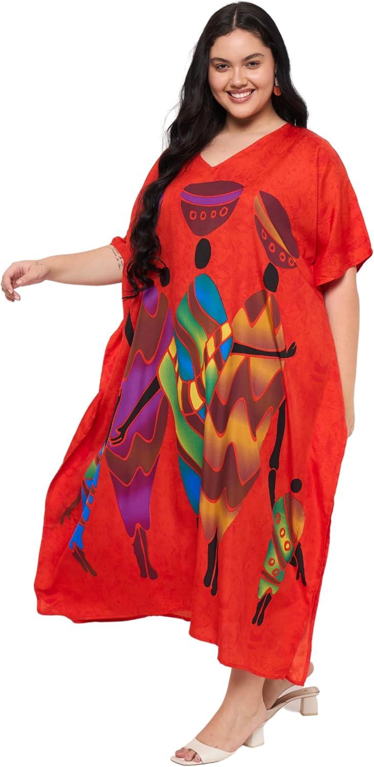 imageCaftans for Women Plus Size Polyester Maxi Beach Dresses Bathing Suit Cover Up Long Kaftan Swimsuit Coverup House DressRed Lady Tribal