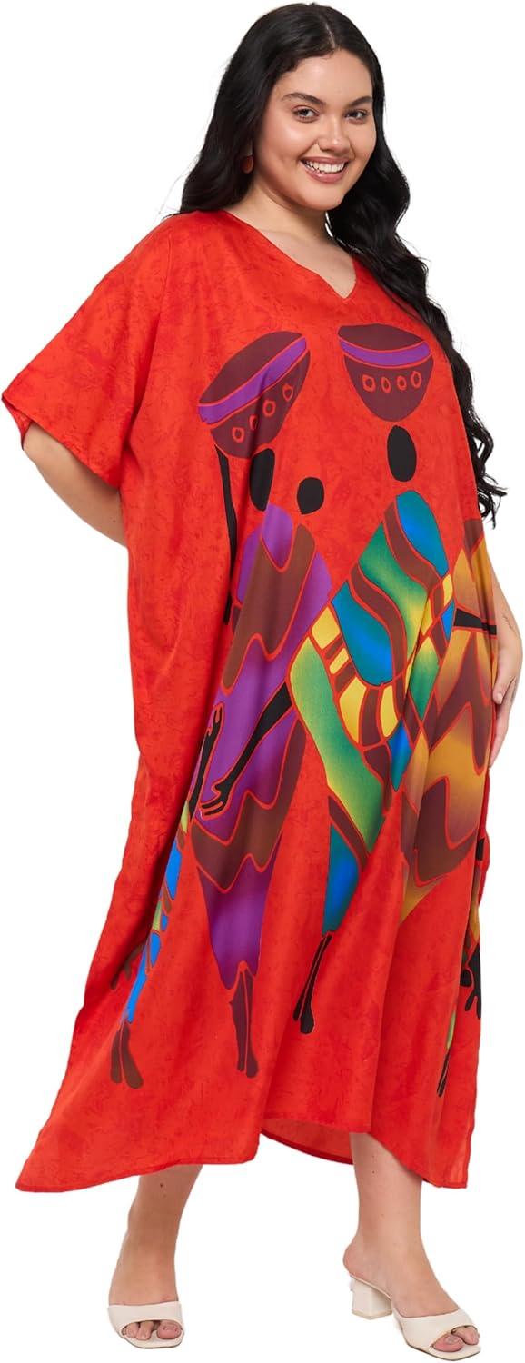 imageCaftans for Women Plus Size Polyester Maxi Beach Dresses Bathing Suit Cover Up Long Kaftan Swimsuit Coverup House DressRed Lady Tribal