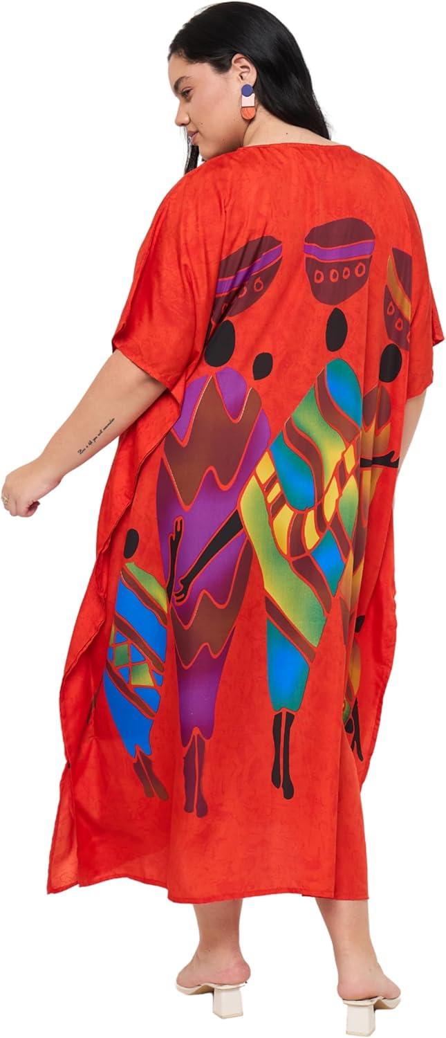 imageCaftans for Women Plus Size Polyester Maxi Beach Dresses Bathing Suit Cover Up Long Kaftan Swimsuit Coverup House DressRed Lady Tribal