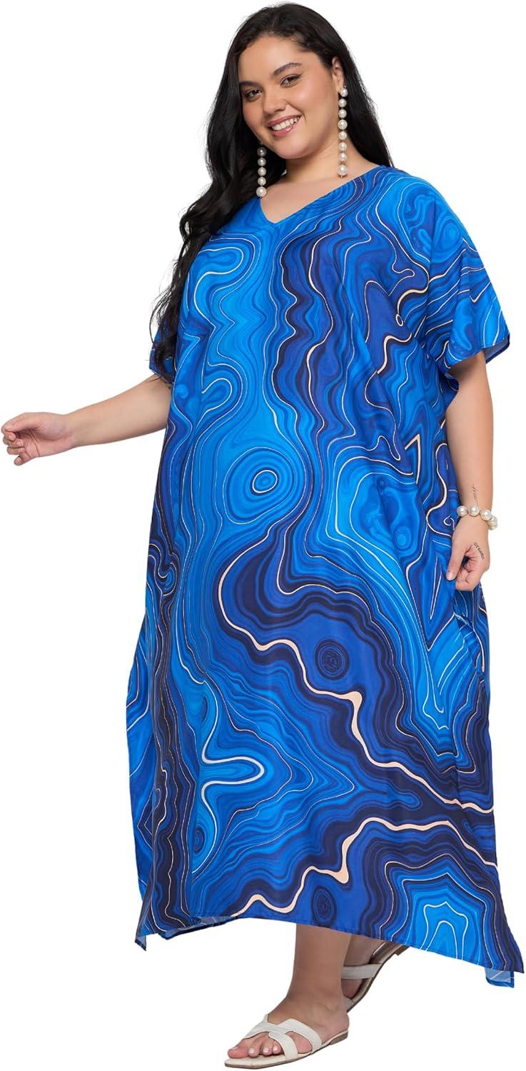 imageCaftans for Women Plus Size Polyester Maxi Beach Dresses Bathing Suit Cover Up Long Kaftan Swimsuit Coverup House DressRoyal Blue