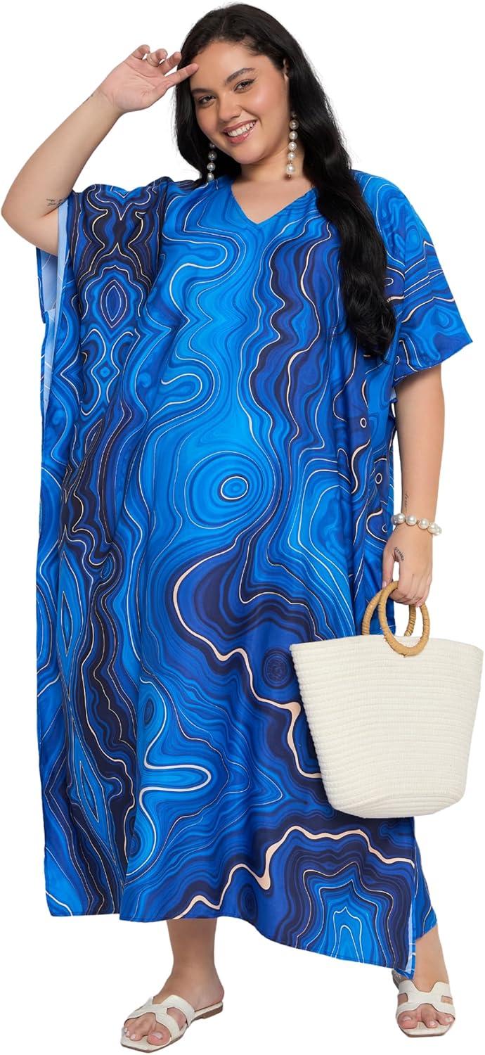 imageCaftans for Women Plus Size Polyester Maxi Beach Dresses Bathing Suit Cover Up Long Kaftan Swimsuit Coverup House DressRoyal Blue