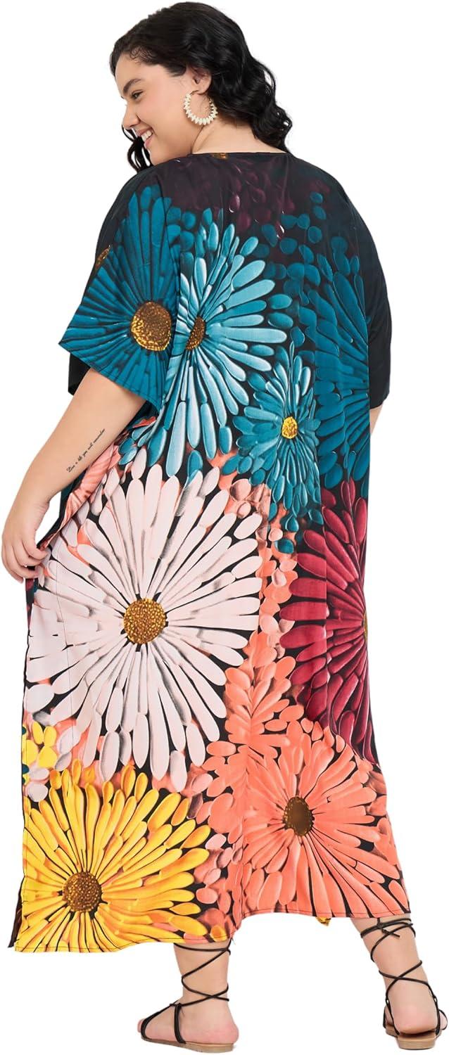 imageCaftans for Women Plus Size Polyester Maxi Beach Dresses Bathing Suit Cover Up Long Kaftan Swimsuit Coverup House DressTeal Blue  Coral Peach