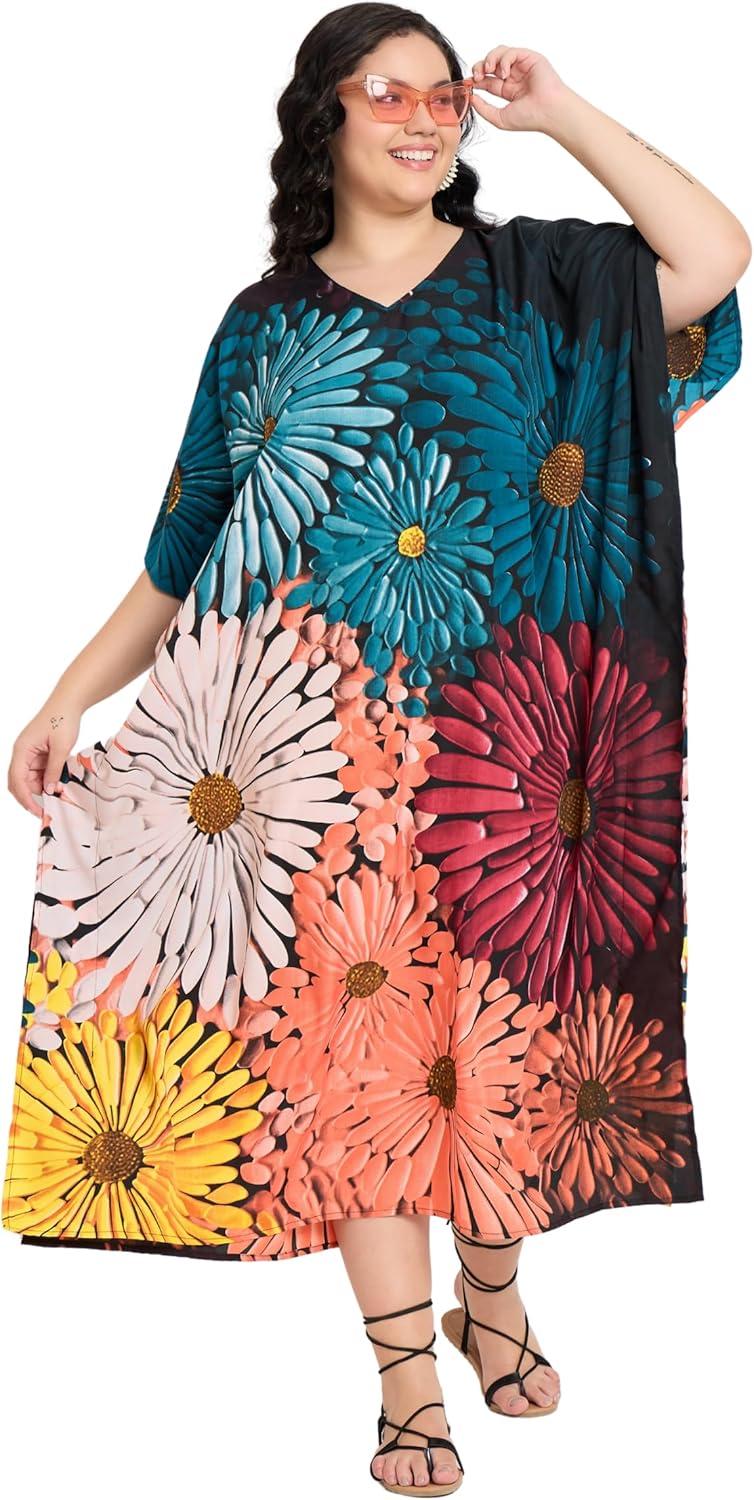 imageCaftans for Women Plus Size Polyester Maxi Beach Dresses Bathing Suit Cover Up Long Kaftan Swimsuit Coverup House DressTeal Blue  Coral Peach