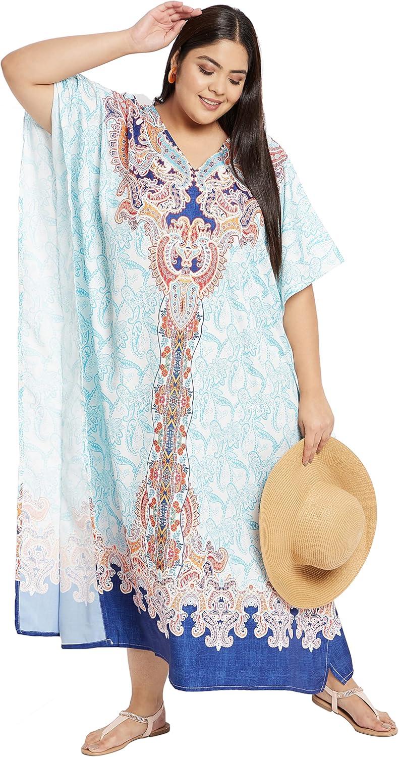 imageCaftans for Women Plus Size Polyester Maxi Beach Dresses Bathing Suit Cover Up Long Kaftan Swimsuit Coverup House DressWhite Paisley  Floral