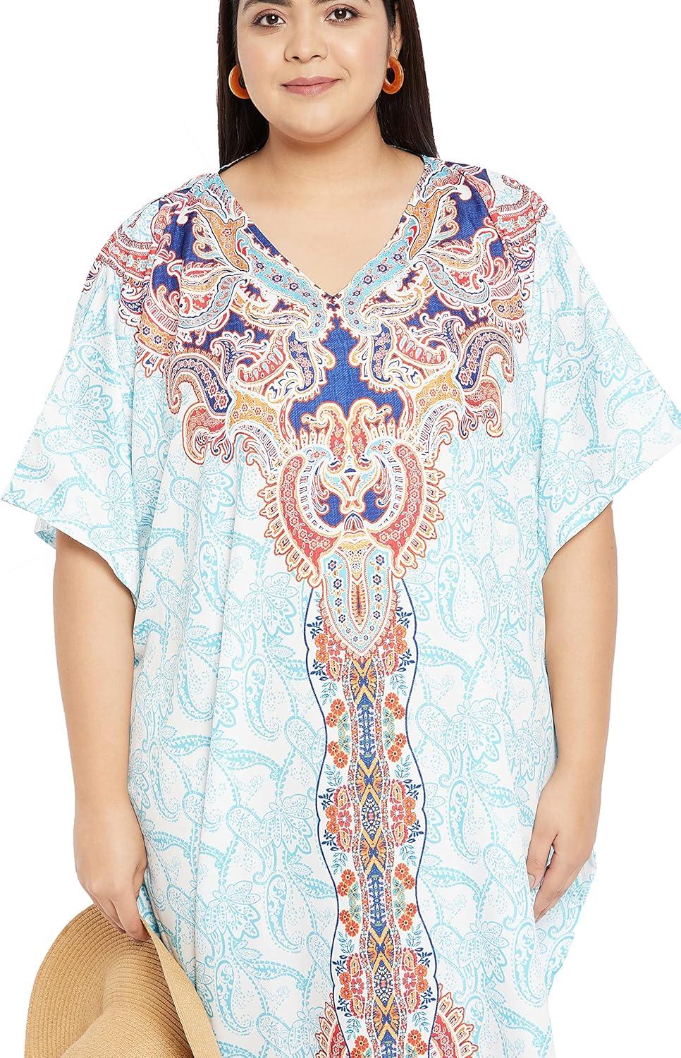 imageCaftans for Women Plus Size Polyester Maxi Beach Dresses Bathing Suit Cover Up Long Kaftan Swimsuit Coverup House DressWhite Paisley  Floral