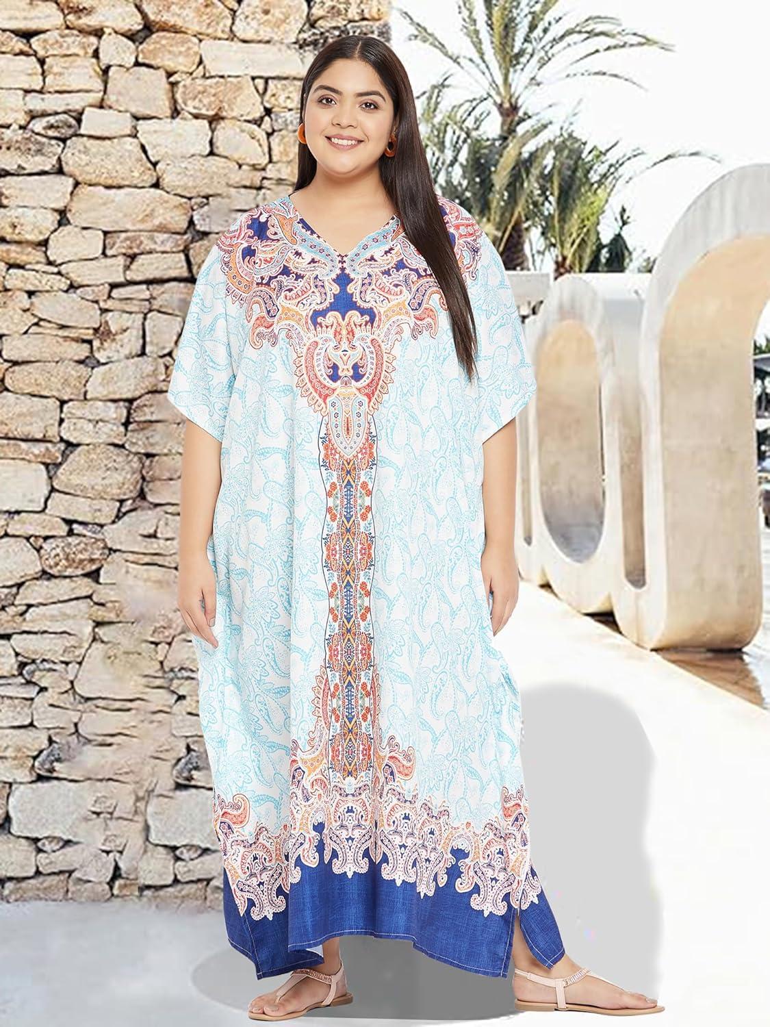 imageCaftans for Women Plus Size Polyester Maxi Beach Dresses Bathing Suit Cover Up Long Kaftan Swimsuit Coverup House DressWhite Paisley  Floral