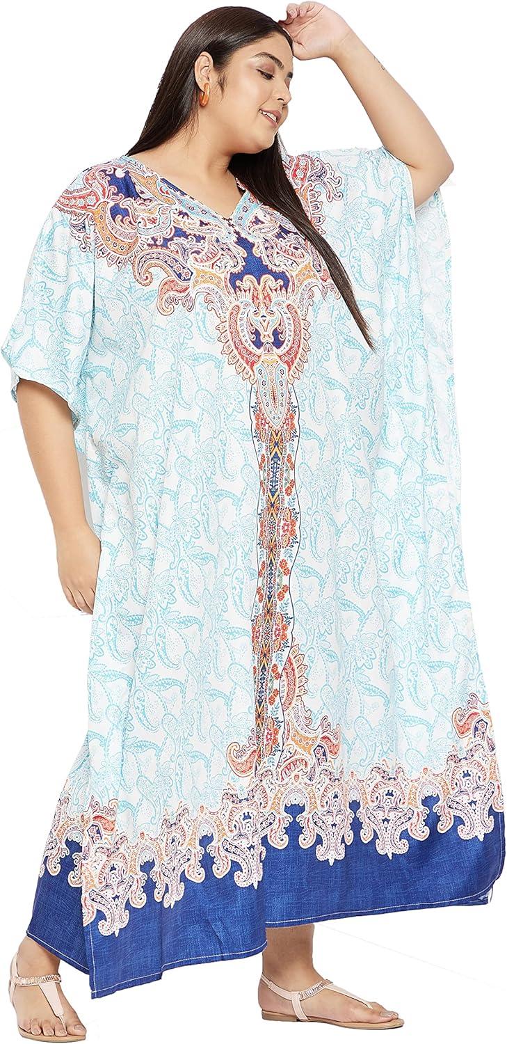 imageCaftans for Women Plus Size Polyester Maxi Beach Dresses Bathing Suit Cover Up Long Kaftan Swimsuit Coverup House DressWhite Paisley  Floral