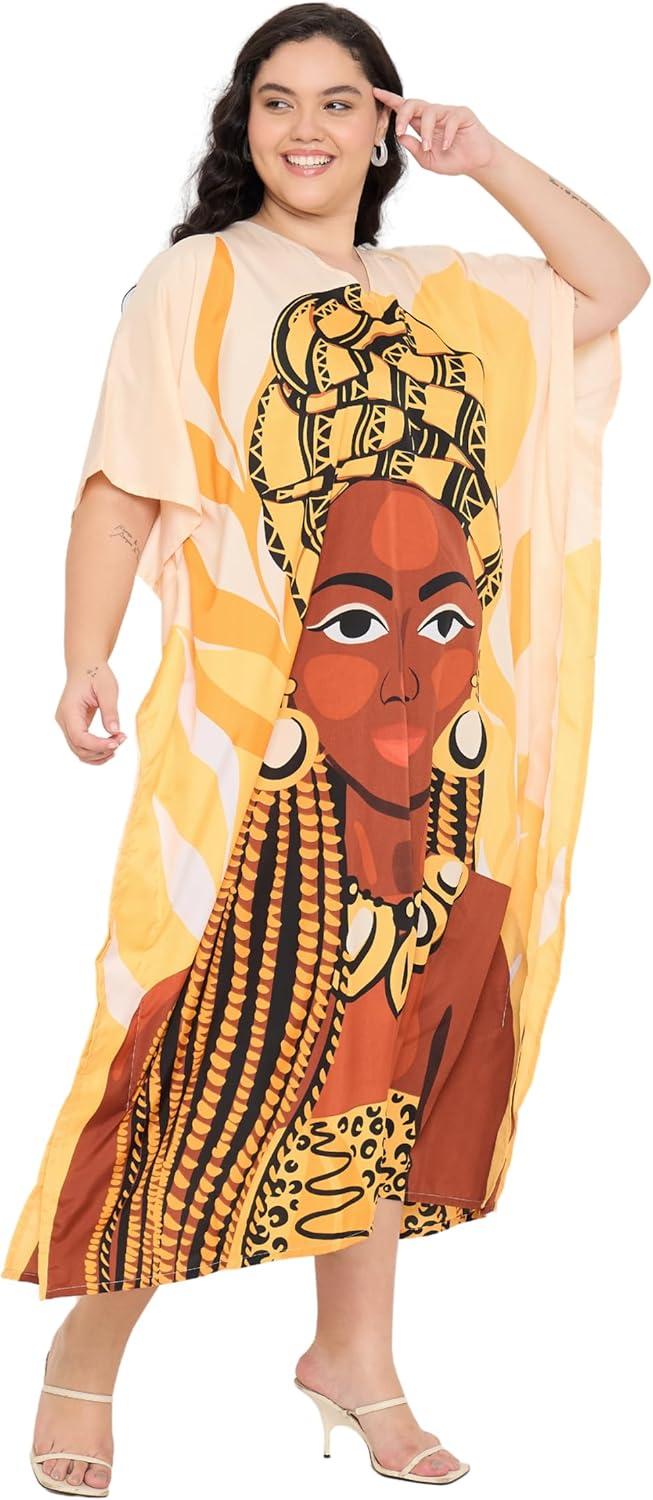 imageCaftans for Women Plus Size Polyester Maxi Beach Dresses Bathing Suit Cover Up Long Kaftan Swimsuit Coverup House DressYellow