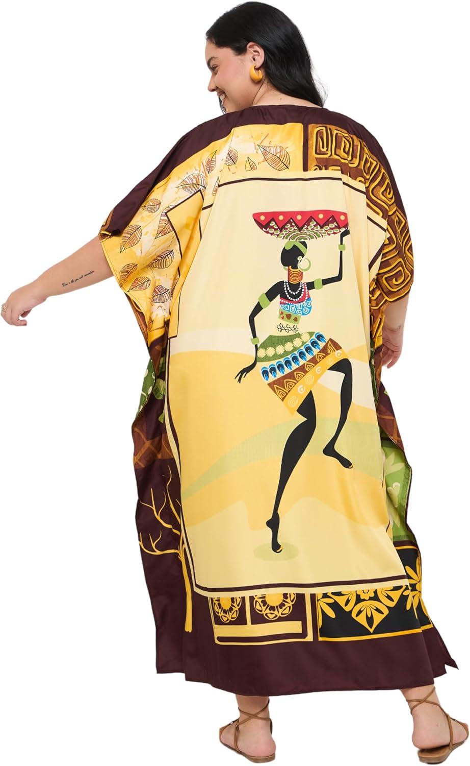 imageCaftans for Women Plus Size Polyester Maxi Beach Dresses Bathing Suit Cover Up Long Kaftan Swimsuit Coverup House DressYellow Tribal