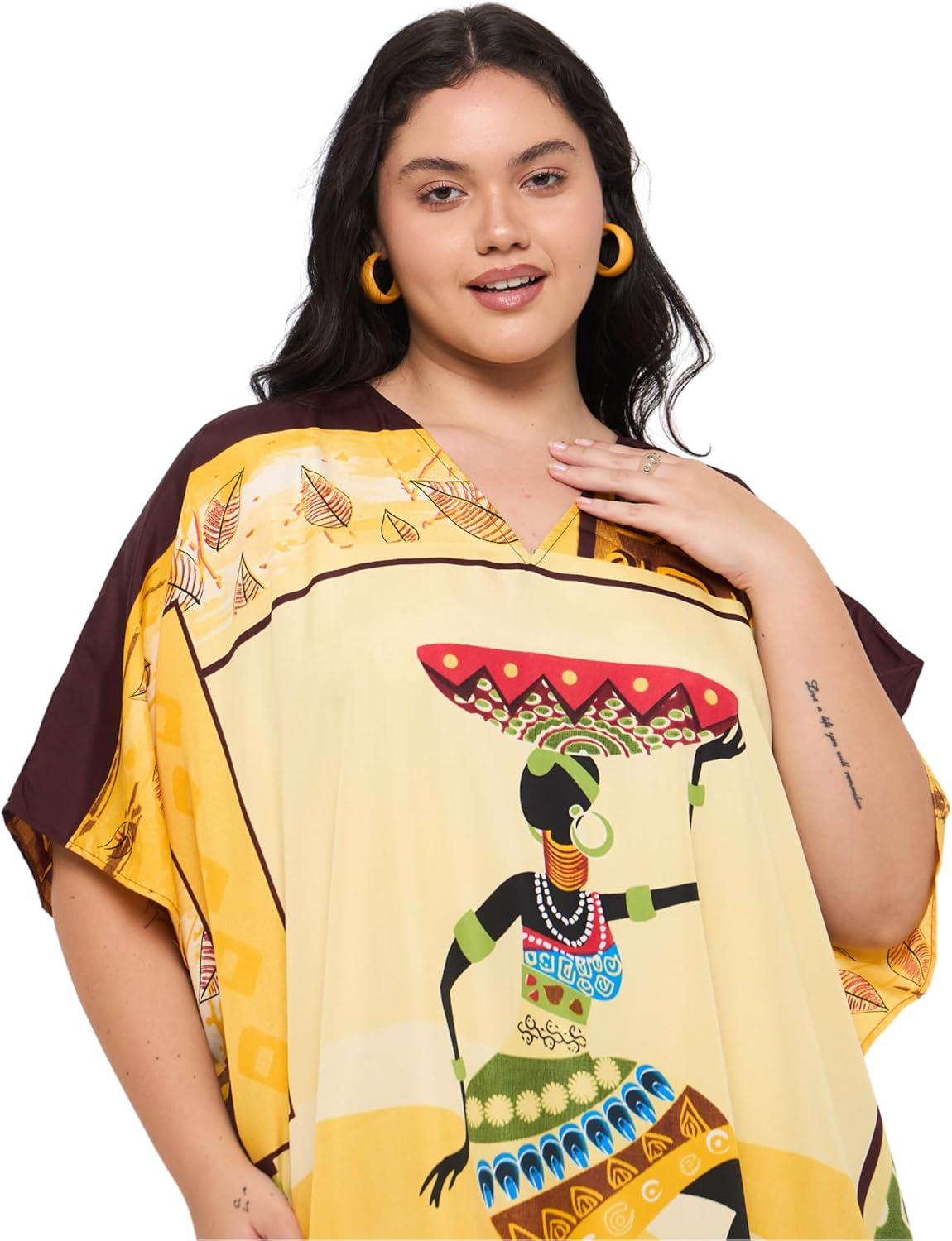 imageCaftans for Women Plus Size Polyester Maxi Beach Dresses Bathing Suit Cover Up Long Kaftan Swimsuit Coverup House DressYellow Tribal