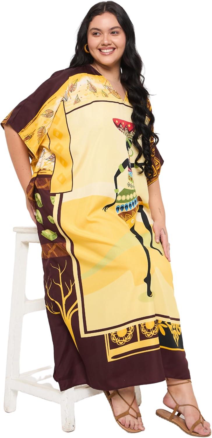 imageCaftans for Women Plus Size Polyester Maxi Beach Dresses Bathing Suit Cover Up Long Kaftan Swimsuit Coverup House DressYellow Tribal