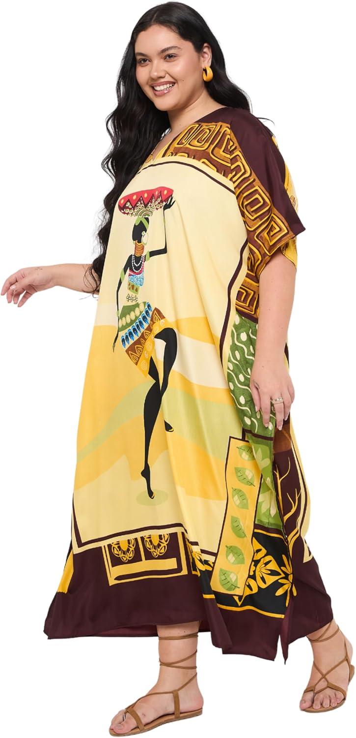 imageCaftans for Women Plus Size Polyester Maxi Beach Dresses Bathing Suit Cover Up Long Kaftan Swimsuit Coverup House DressYellow Tribal