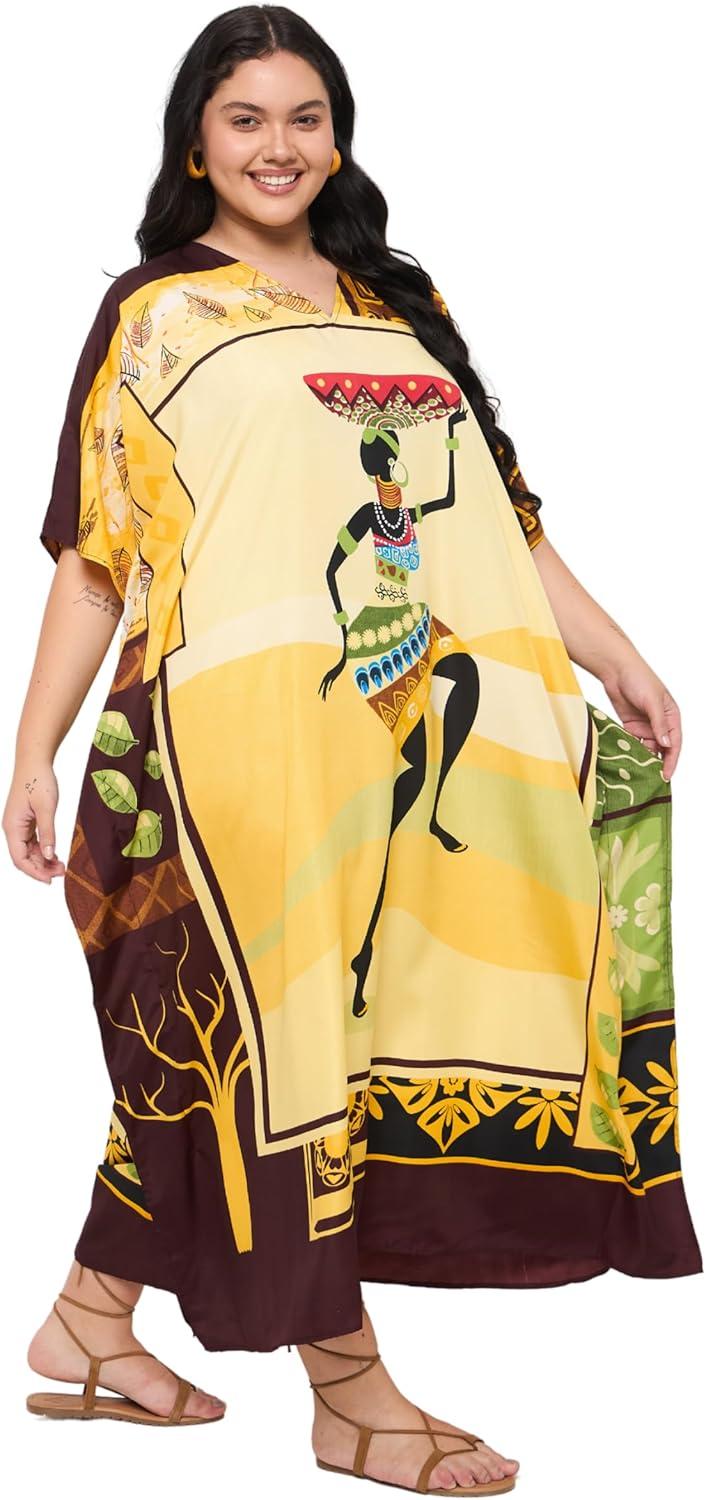 imageCaftans for Women Plus Size Polyester Maxi Beach Dresses Bathing Suit Cover Up Long Kaftan Swimsuit Coverup House DressYellow Tribal