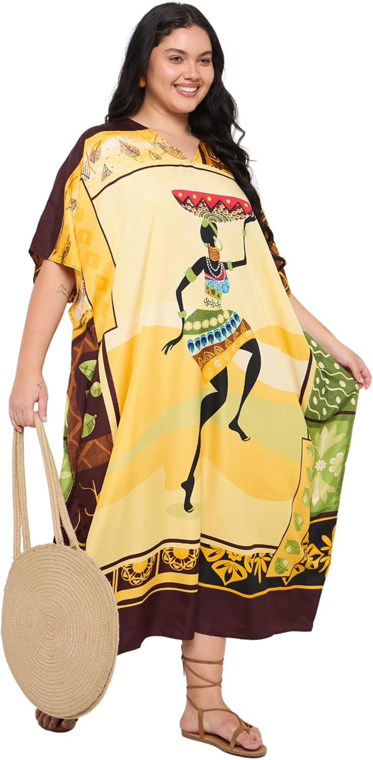imageCaftans for Women Plus Size Polyester Maxi Beach Dresses Bathing Suit Cover Up Long Kaftan Swimsuit Coverup House DressYellow Tribal